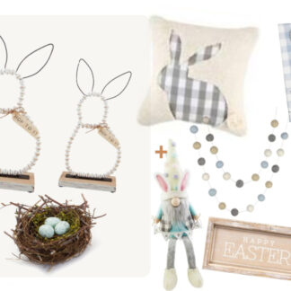 (9) Items: Set of 2 White Beaded Standing Bunnies, Blue Robin's Egg Decorative Nest, Blue Check Dangle Leg Bunny Gnome Kitchen Towel, Plush Easter Gnome, Grey Check Bunny Pillow, Easter Felt Ball Garland, Blue Bunny Face Vase, "Happy Easter" Decorative Box Sign