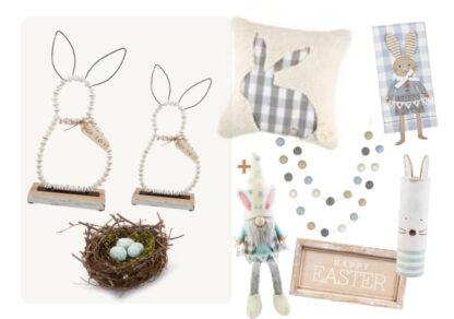 (9) Items: Set of 2 White Beaded Standing Bunnies, Blue Robin's Egg Decorative Nest, Blue Check Dangle Leg Bunny Gnome Kitchen Towel, Plush Easter Gnome, Grey Check Bunny Pillow, Easter Felt Ball Garland, Blue Bunny Face Vase, "Happy Easter" Decorative Box Sign
