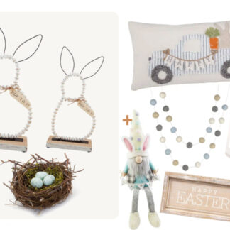(9) Items: Set of 2 White Beaded Standing Bunnies, Blue Robin's Egg Decorative Nest, Plush Easter Gnome, Easter Felt Ball Garland, Blue Bunny Face Vase, "Happy Easter" Decorative Box Sign, Blue Truck Pillow, Lavendar & Sage Soy Candle