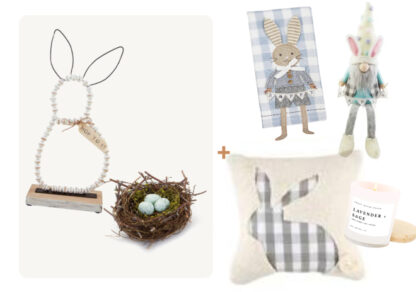 (6) Items: White Beaded Standing Bunny, Blue Robin's Egg Decorative Nest, Blue Check Dangle Leg Bunny Gnome Kitchen Towel, Plush Easter Gnome, Lavendar & Sage Soy Candle, Grey Check Bunny Pillow