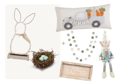 (6) Items: White Beaded Standing Bunny, Blue Robin's Egg Decorative Nest, Blue Truck Pillow, Easter Felt Ball Garland, "Happy Easter" Decorative Box Sign, Plush Easter Gnome