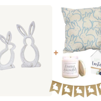 (5) items: Set of 2 White Outlined Bunnies, Bunny Burlap Garland, 20" Bunny Outline Pillow, "Lemon Lavender" Soy Candle, "Happy Easter" House Wood Sign