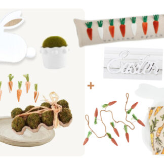 (9) Items: White Wood Bunny, Green Moss Eggs Set of 8, White Wood Decorative Bowl, Decorative Fabric Carrots, Green Potted Faux Moss Ball, Carrot Garland, White Wood "Easter" Decor, Carrot "Welcome Spring" Large Lumbar Pillow, Bunny Serving Tray w/Carrot Towel