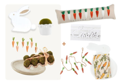 (9) Items: White Wood Bunny, Green Moss Eggs Set of 8, White Wood Decorative Bowl, Decorative Fabric Carrots, Green Potted Faux Moss Ball, Carrot Garland, White Wood "Easter" Decor, Carrot "Welcome Spring" Large Lumbar Pillow, Bunny Serving Tray w/Carrot Towel
