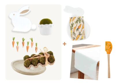 (9) Items: White Wood Bunny, Green Moss Eggs Set of 8, White Wood Decorative Bowl, Decorative Fabric Carrots, Green Potted Faux Moss Ball, White Cotton Table Runner, Bunny Serving Tray w/Carrot Towel, Carrot Spatula, Carrot Napkin Rings Set of 4