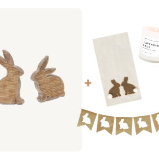 (4) Items: Brown Rattan Bunny Set of 2, Bunny Tail Kitchen Towel, Burlap Bunny Garland, Lavendar and Sage Soy Candle