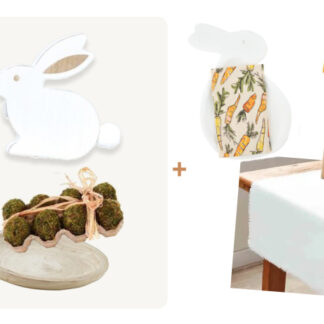 (6) Items: White Wood Bunny, Green Moss Eggs Set of 8, White Wood Decorative Bowl, White Cotton Table Runner, Bunny Serving Tray w/Carrot Towel, Carrot Spatula