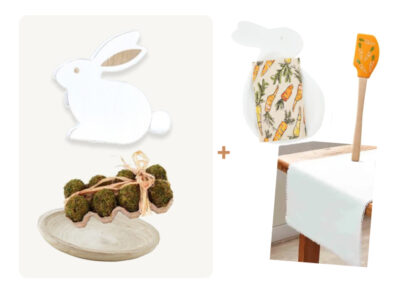 (6) Items: White Wood Bunny, Green Moss Eggs Set of 8, White Wood Decorative Bowl, White Cotton Table Runner, Bunny Serving Tray w/Carrot Towel, Carrot Spatula