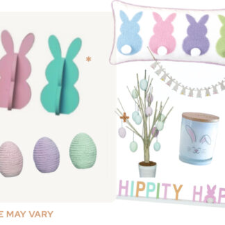 (8) Items: Two Wood Pastel Decorative Bunnies, Set of 3 Textured Eggs, Bunny Face Soy Candle, "Bunny Kisses, Easter Wishes" Kitchen Towel, Pastel Bunny Tail Pillow, Bunny Tail Wood Garland, "Hippity Hop" Word Decor, Plush Easter Gnome, Decorative Egg Tree