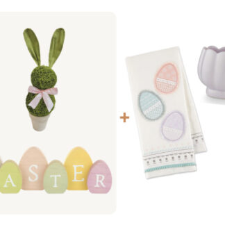 (4) items: Moss Bunny Planted Topiary, "Easter" Wood Egg Sign, Easter Eggs Kitchen Towel, Floral Candle