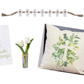 (4) Items: "Believe" Cross Wood Decor, "Easter Blessings" Kitchen Towel, Faux Tulips in Vase, Cross Pillow Cover and Insert