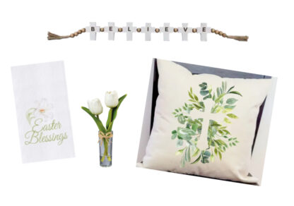 (4) Items: "Believe" Cross Wood Decor, "Easter Blessings" Kitchen Towel, Faux Tulips in Vase, Cross Pillow Cover and Insert