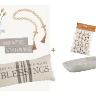 (7) Items: "Easter Blessings"/"He is Risen Indeed" Wood Sign, Wood Paper Mache Vase, Dried Bunny Tail Vase Filler, Wood Decorative Beads with Crosses, "Let Us Count Our Many Blessings" Lumbar Pillow, Wood Dough Bowl, White Egg Bowl Filler