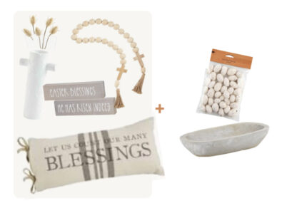 (7) Items: "Easter Blessings"/"He is Risen Indeed" Wood Sign, Wood Paper Mache Vase, Dried Bunny Tail Vase Filler, Wood Decorative Beads with Crosses, "Let Us Count Our Many Blessings" Lumbar Pillow, Wood Dough Bowl, White Egg Bowl Filler
