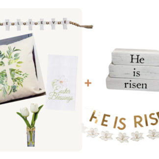 (6) Items: "Believe" Cross Wood Decor, "Easter Blessings" Kitchen Towel, Faux Tulips in Vase, Cross Pillow Cover and Insert, "He is Risen" Wood Block Decor, "He Is Risen" Paper Garland