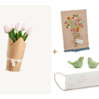 (4) Items: Burlap Wrapped Faux Tulips, French Knot Linen Tassled "Bloom" Kitchen Towel, Two Green Ceramic Birds, White Beaded Tray