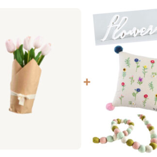 (4) Items: Burlap Wrapped Faux Tulips, Large Pom Pom Floral "Bloom" Pillow, White Wood "Flower" Word Decor, Felt Ball Garland
