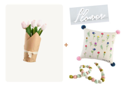 (4) Items: Burlap Wrapped Faux Tulips, Large Pom Pom Floral "Bloom" Pillow, White Wood "Flower" Word Decor, Felt Ball Garland
