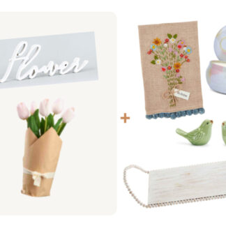 (6) Items: Burlap Wrapped Faux Tulips, French Knot Linen Tassled "Bloom" Kitchen Towel, Two Green Ceramic Birds, White Beaded Tray, White Wood "Flower" Word Decor, "Morning Bloom" Soy Candle