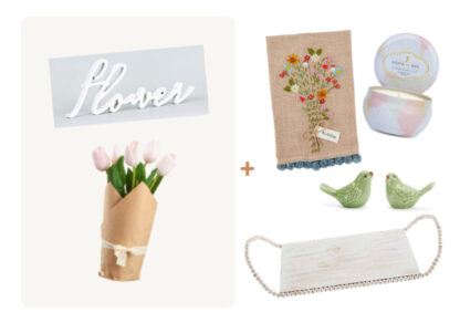 (6) Items: Burlap Wrapped Faux Tulips, French Knot Linen Tassled "Bloom" Kitchen Towel, Two Green Ceramic Birds, White Beaded Tray, White Wood "Flower" Word Decor, "Morning Bloom" Soy Candle