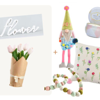 (6) Items: Burlap Wrapped Faux Tulips, Large Pom Pom Floral "Bloom" Pillow, White Wood "Flower" Word Decor, Felt Ball Garland, "Morning Bloom" Soy Candle, Plush Spring Gnome