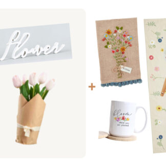 (6) Items: Burlap Wrapped Faux Tulips, White Wood "Flower" Word Decor, "Bloom Where You Are Planted" Mug, Floral Spoon Rest and Serving Spoon Set, Floral "Bloom" Table Runner, French Knot Linen Tassled "Bloom" Kitchen Towel,