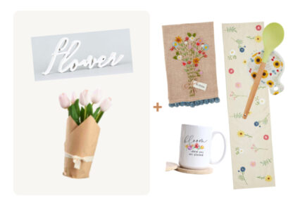 (6) Items: Burlap Wrapped Faux Tulips, White Wood "Flower" Word Decor, "Bloom Where You Are Planted" Mug, Floral Spoon Rest and Serving Spoon Set, Floral "Bloom" Table Runner, French Knot Linen Tassled "Bloom" Kitchen Towel,