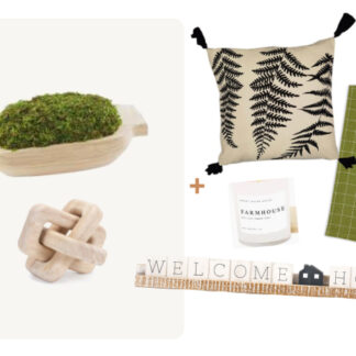 (6) Items: Topiary in Wood Dough Bowl, Wood Knot Decor, Black Fern Tassled Pillow, "Welcome Home" Wood Ledgie Sign, Green Plaid Kitchen Towel, "Farmhouse" Soy Candle