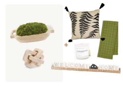 (6) Items: Topiary in Wood Dough Bowl, Wood Knot Decor, Black Fern Tassled Pillow, "Welcome Home" Wood Ledgie Sign, Green Plaid Kitchen Towel, "Farmhouse" Soy Candle