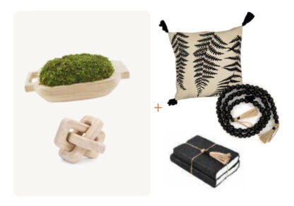 (5) Items: Topiary in Wood Dough Bowl, Wood Knot Decor, Black Fern Tassled Pillow, Black Wood Bead Garland, Black Tassled Book Decor