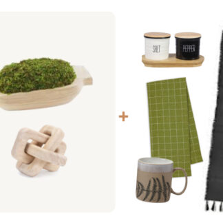 (6) Items: Topiary in Wood Dough Bowl, Wood Knot Decor, Green Plaid Kitchen Towel, Black and White Salt and Pepper Set, Black Tassled Table Runner, Fern Printed Mug