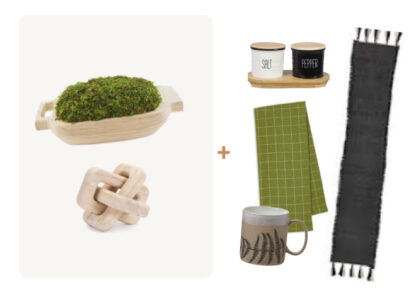 (6) Items: Topiary in Wood Dough Bowl, Wood Knot Decor, Green Plaid Kitchen Towel, Black and White Salt and Pepper Set, Black Tassled Table Runner, Fern Printed Mug