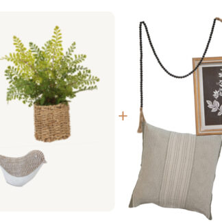 (5) items: Potted Fern in Seagrass Pot, Resin Basketweave Bird, Paulowina Wood Black Bead Garland (60"), 20" Neutral Striped Pillow w/Insert, 10" Framed Botanical Floral Print