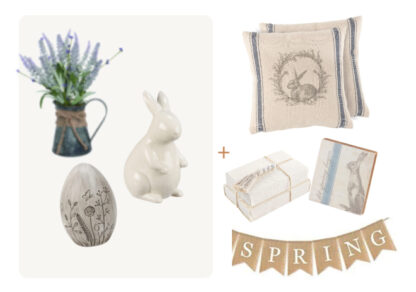 (7) Items: White Ceramic Bunny, Faux Lavendar in Metal Vase, Floral Decor Ceramic Egg, Spring Grainsack Bunny Pillow, "Let Spring Begin" Wood Sign, "Spring" Burlap Garland, White Tassled Decor Books