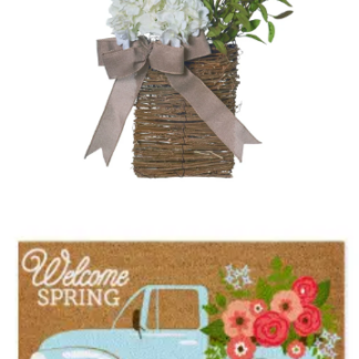 Bundle: Welcome Spring Truck Doormat + Floral Basket Wreath