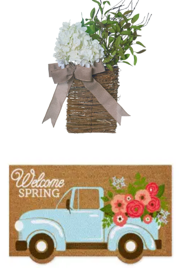 Bundle: Welcome Spring Truck Doormat + Floral Basket Wreath